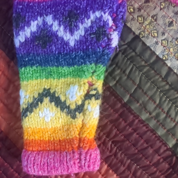 Handmade knit cowichan style boho rainbow wool zip front hooded baby sweater - Picture 11 of 16